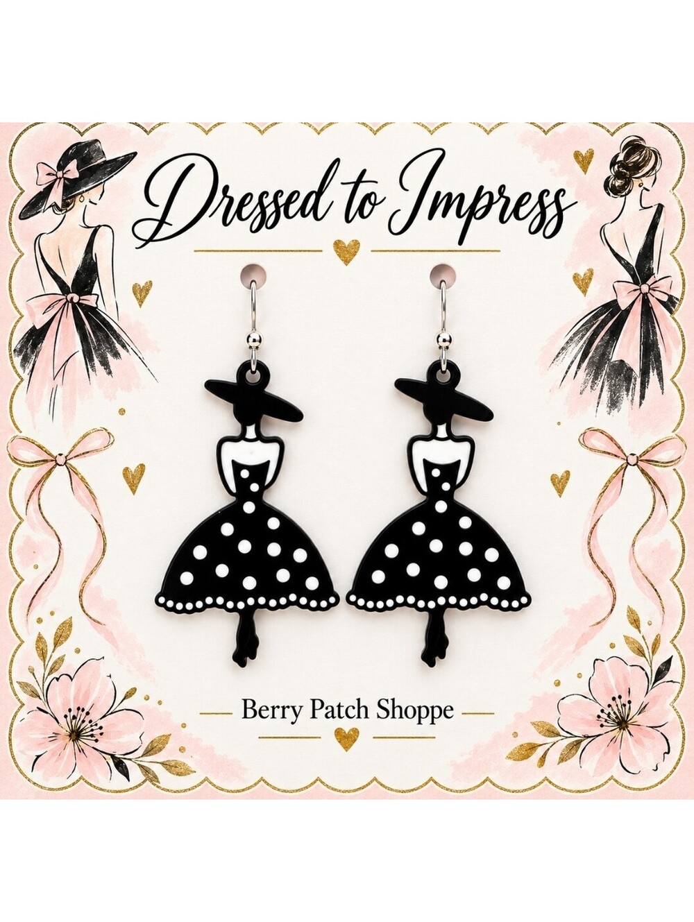 Retro Lady Black Polka Dot Dress Earrings | Vintage Fashion Statement Earrings